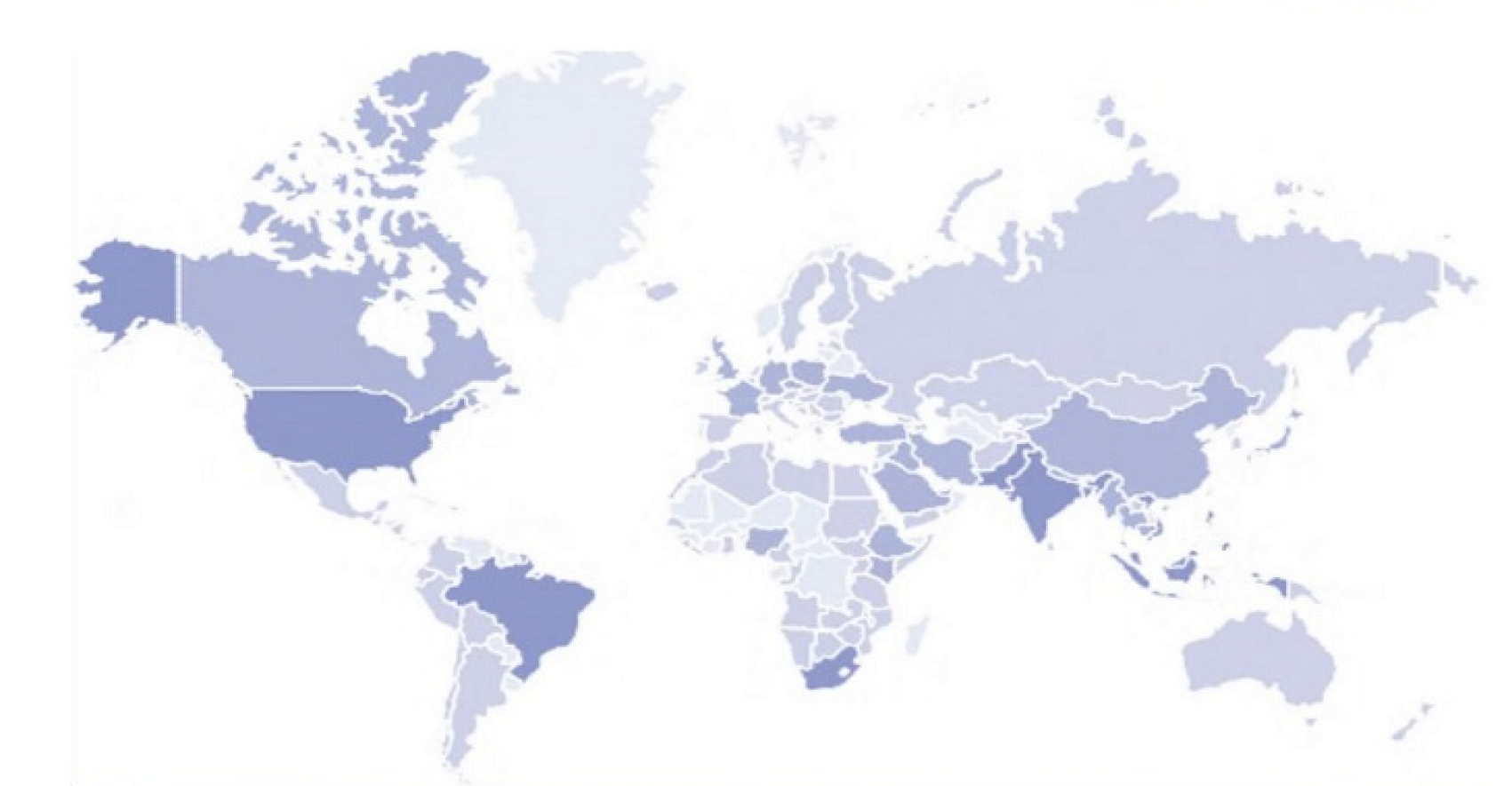 World map shaded by contributor concentration, based on IP location